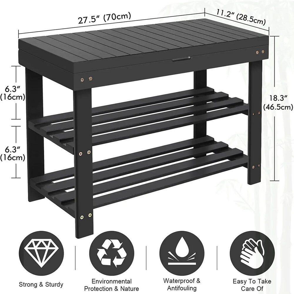 None 18 in. H 6-Pair Black Bamboo Shoe Rack