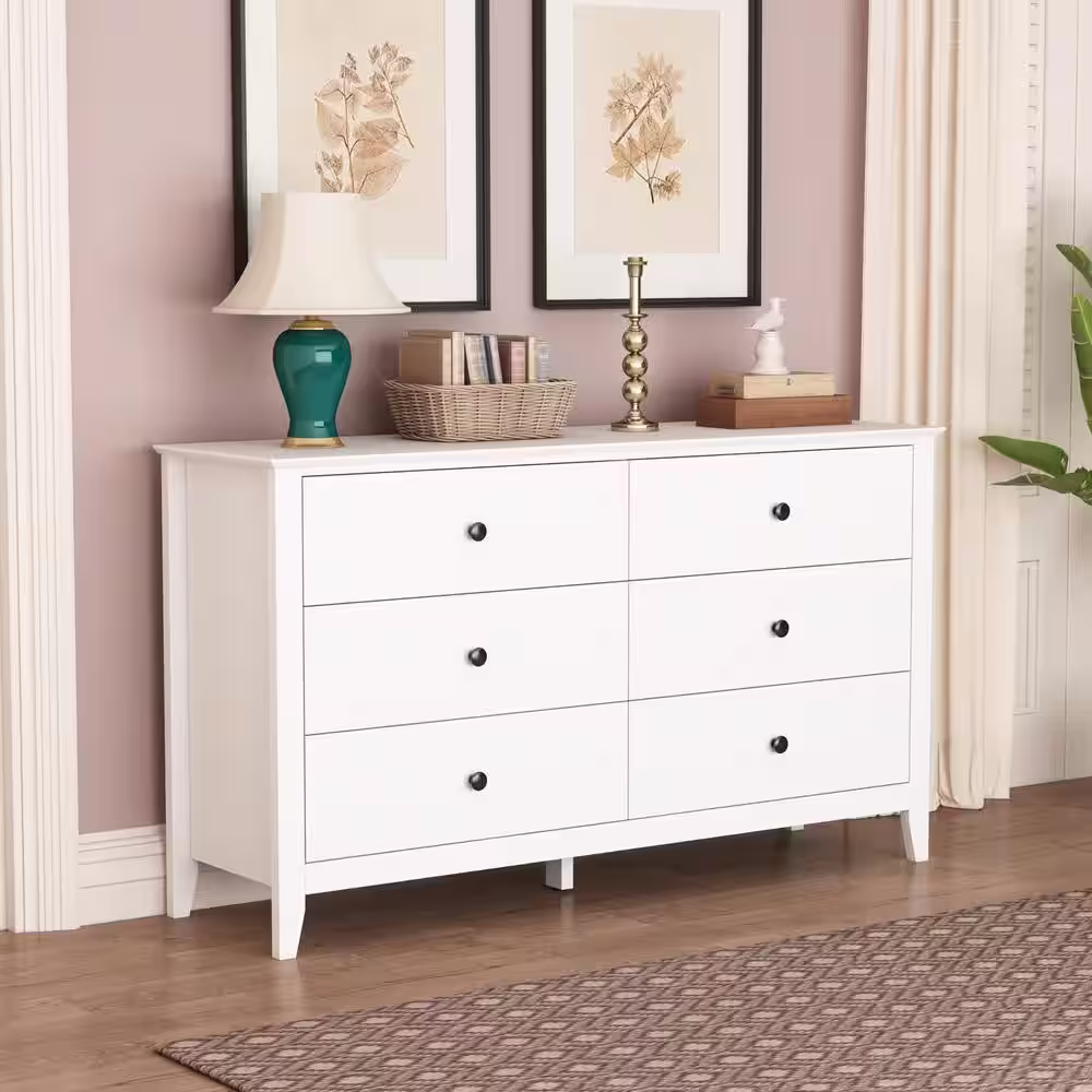 None White Wooden Dresser, Vanity, Cabinet with 6 Drawers and Eco-Friendly Paint Finish, 31.5 in. H x 55.1 in. W x 15.7 in. D