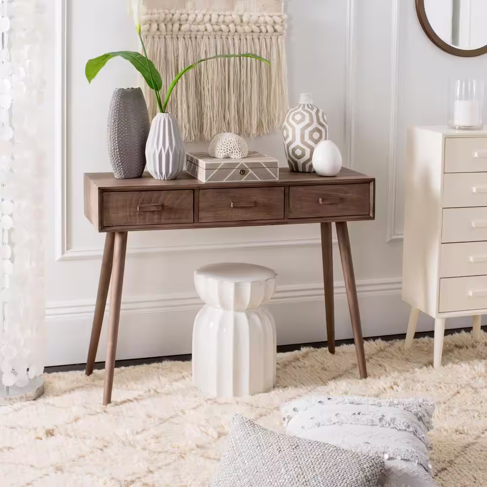 SAFAVIEH Albus 42 in. 3-Drawer Brown Wood Console Table