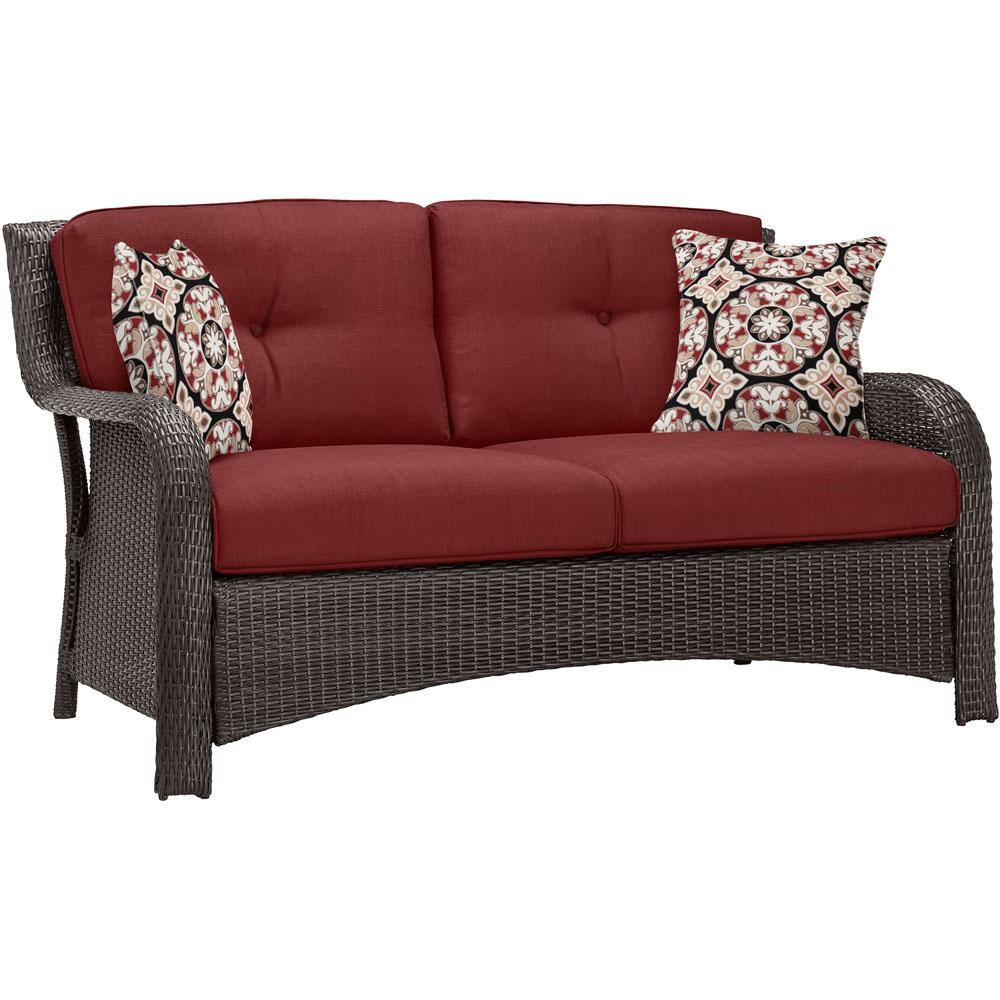 Hanover Strathmere 6-Piece All-Weather Wicker Patio Seating Set with Crimson Red Cushions, 4 Pillows, Coffee Table