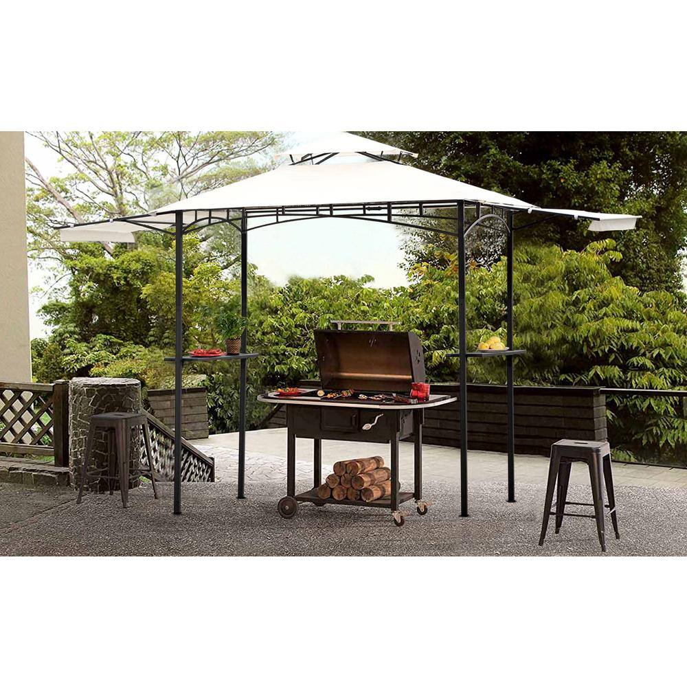 Tenleaf 13 ft. x 4.5 ft. White Iron Double Tiered Backyard Patio BBQ Grill Gazebo with Bar Counters and Extendable Shades