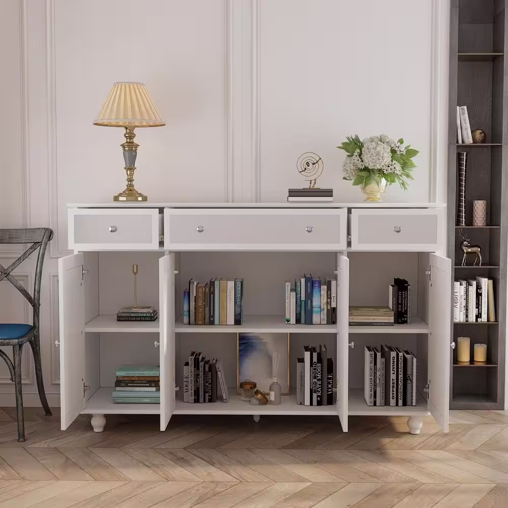None White Paint 4 Mirrored Doors Storage Cabinet Buffet Cabinet With 3 Mirror Drawers and Adjustable Shelves