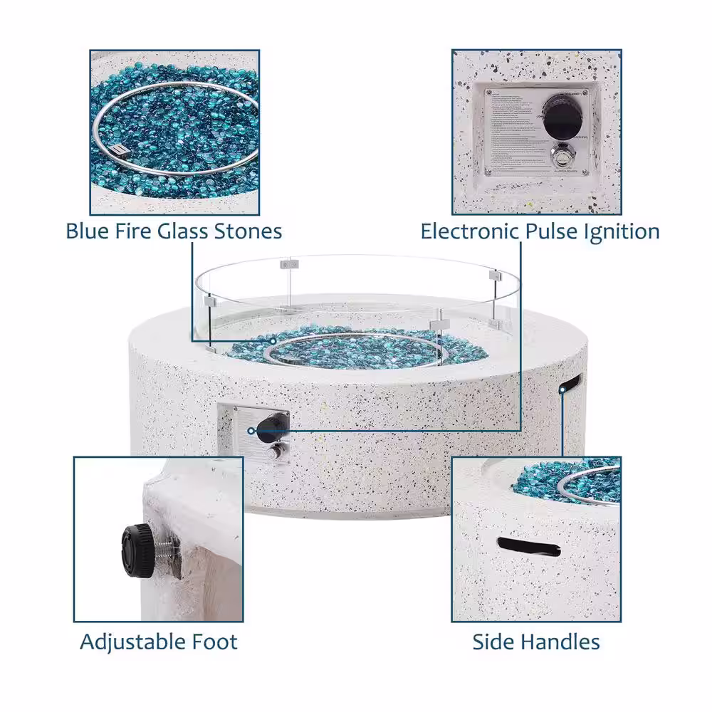 None 41 in. 50000 BTU Elegant White Round Composite GRFC Fire Pit Table with Glass Wind Guard and Water-Resistent Cover