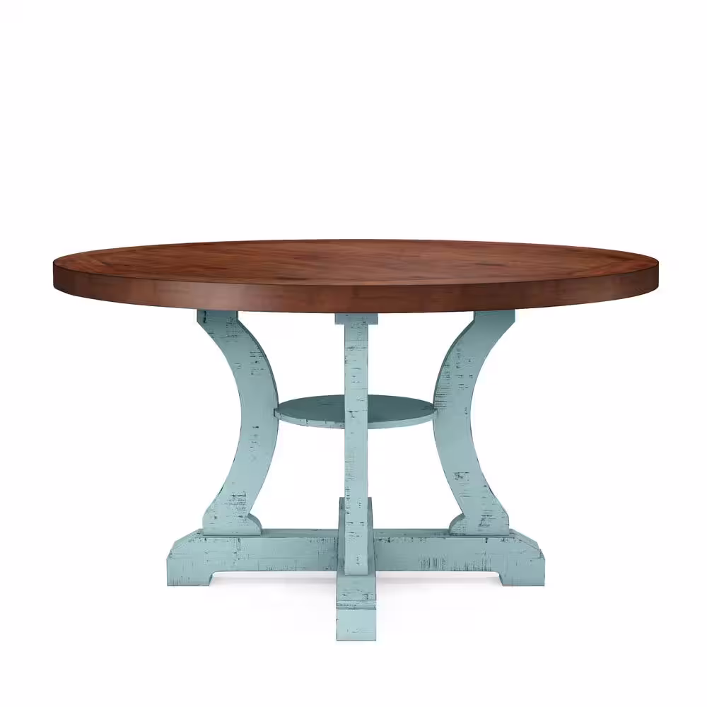 Furniture of America Wicks 54 in. Antique Light Blue and Dark Oak Wood Round Dining Table