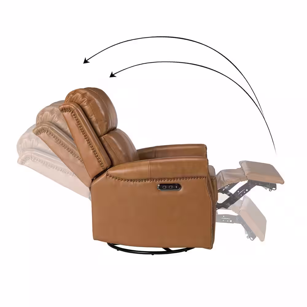 JAYDEN CREATION Kaletan Traditional Camel Genuine Leather Power Sliding and Rocking Swivel Recliner Nursery Chair with Rolled Arms