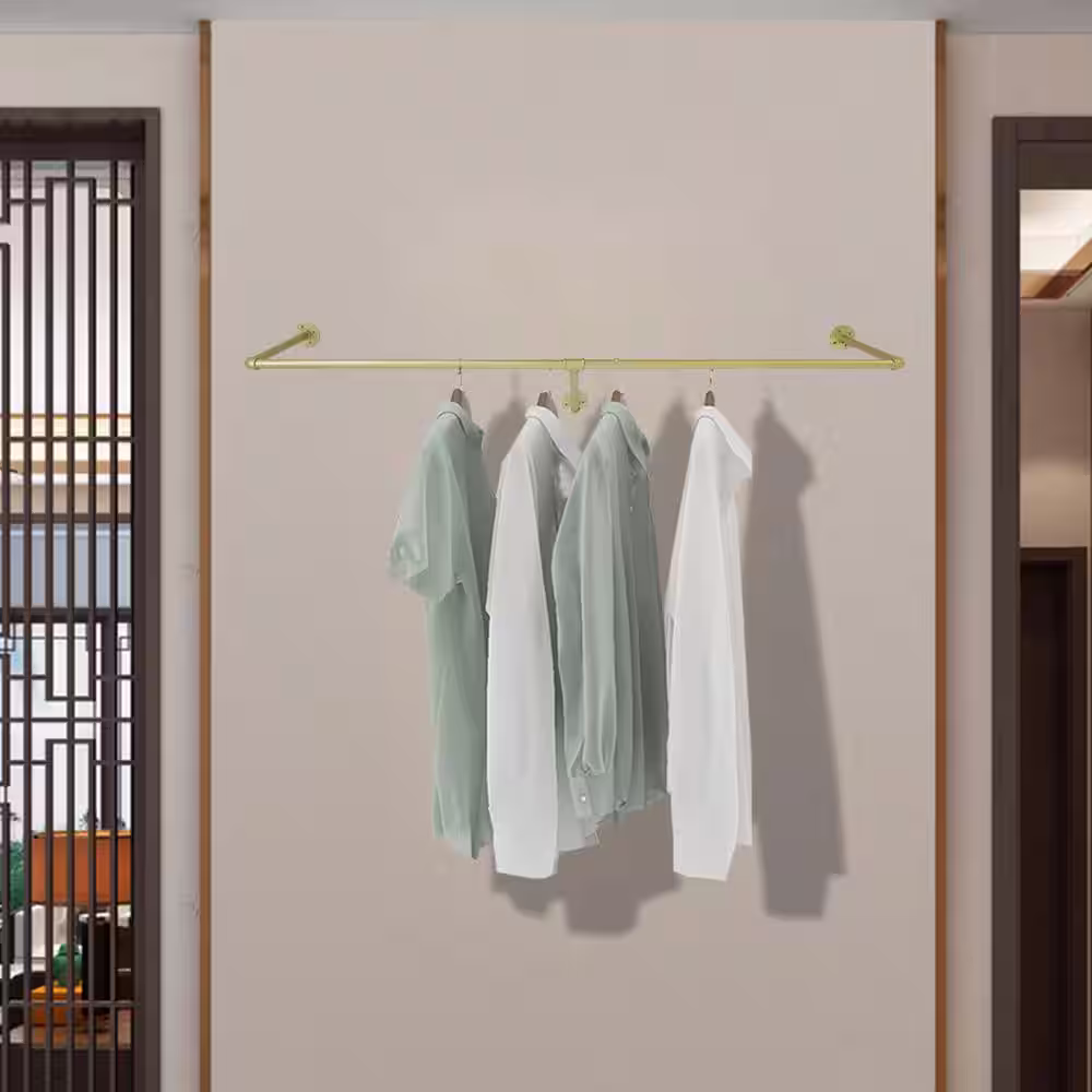 None Gold Iron Industrial Pipe Wall Mounted Clothes Rack Wedding Dress Bridal Garment Rack 11.8 in. W x 47 in. L