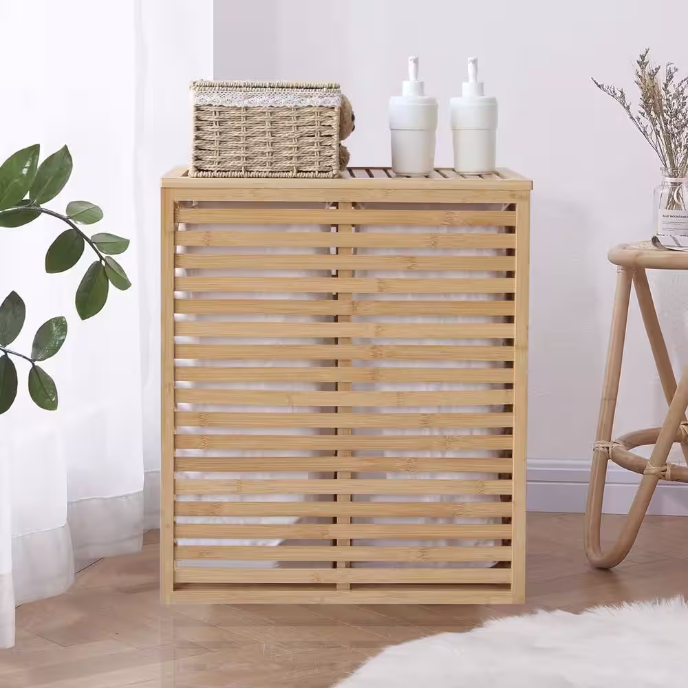 VEIKOUS Bamboo Laundry Hamper with Lid and 2 Removable Liner Bags