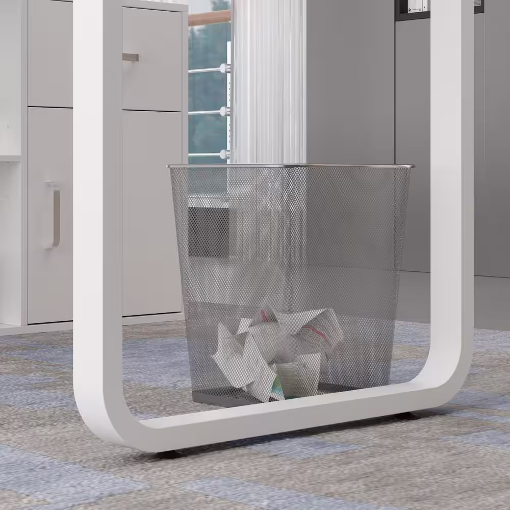 None L-Shaped White Wooden Commercial Writing Desk, with 1 Drawer, Open Shelves and Eco-Friendly Paint Finish, 55.1 in. W