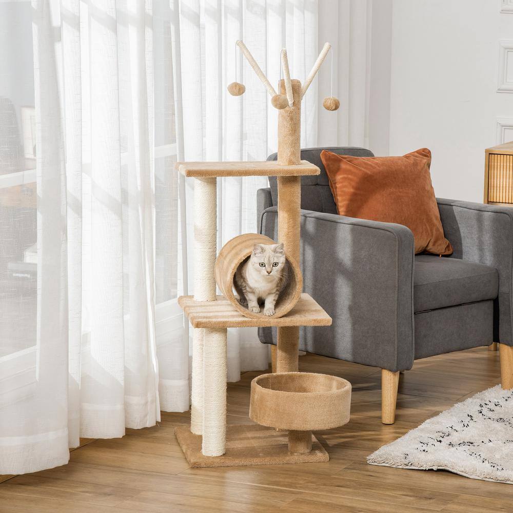 PawHut Cat Tree for Indoor Cats Cat Condo Kitty Tower with Scratching Post, Elevated Fun Cat Beds, Tunnel, Cat String Toys