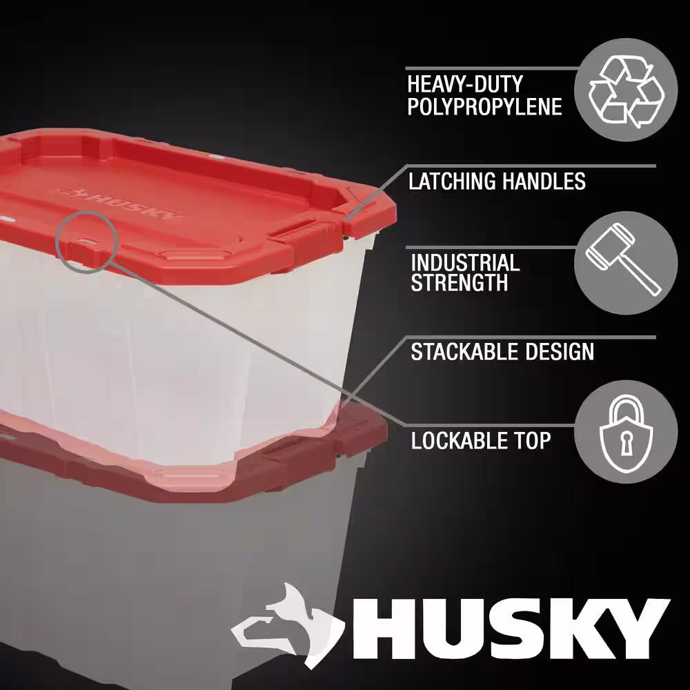 Husky 25 Gal. Latch and Stack Tote in Clear with Red Lid