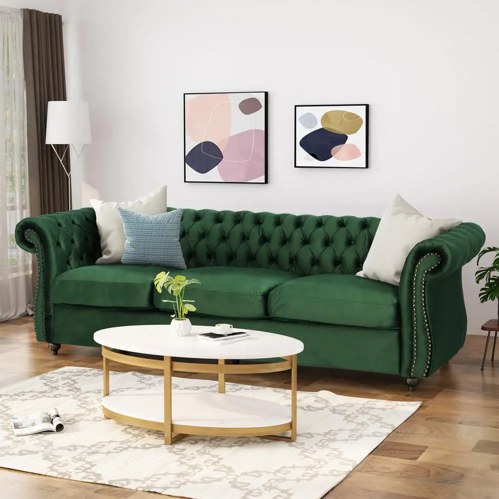 Noble House Sommerville Emerald Velvet 3-Seater Chesterfield Sofa with Flared Arms