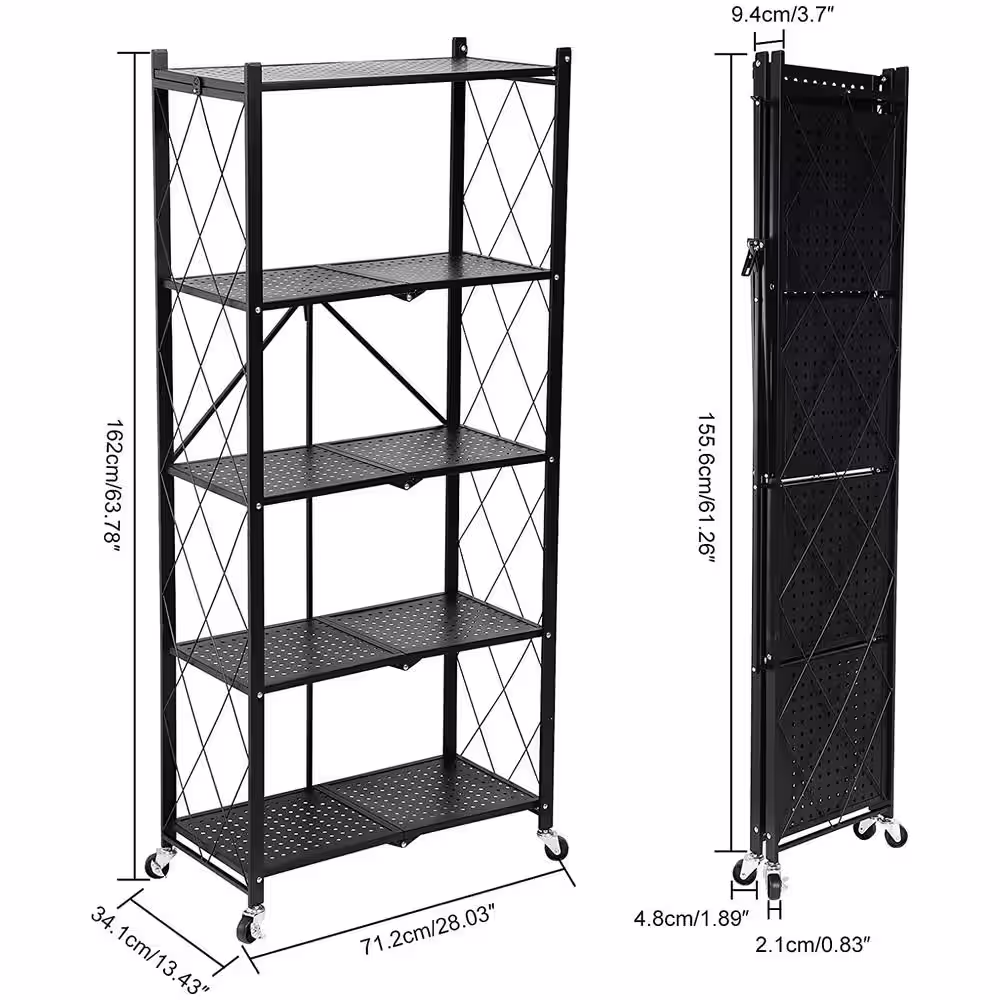 None Black 5-Tier Heavy Duty Foldable Metal Storage Shelving Unit with Wheels(28.03 in. W x 63.78 in. H x 13.43 in. D)