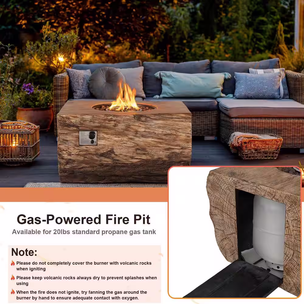 None Rectangle Propane 40 in. Stone Metal Fire Pit Table Wood-Like Surface with Lava Rock PVC Cover