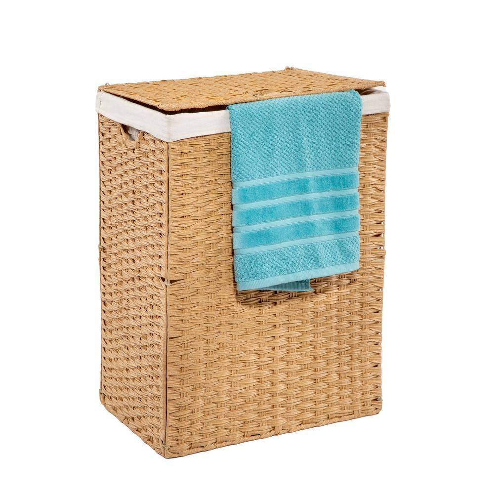 Seville Classics Lidded Rectangular Tan Collapsible Plastic Wicker Laundry Hamper Basket with Washable Liner