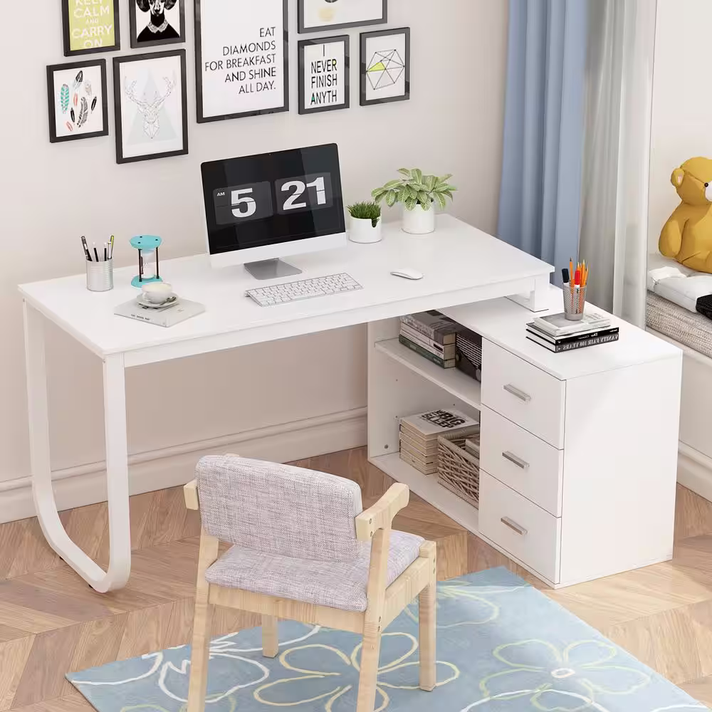 None 55.1 in. L-Shaped White Wood Executive Writing Desk Computer Desk Workstation W/Removable Tabletop, Shelves, 3-Drawers