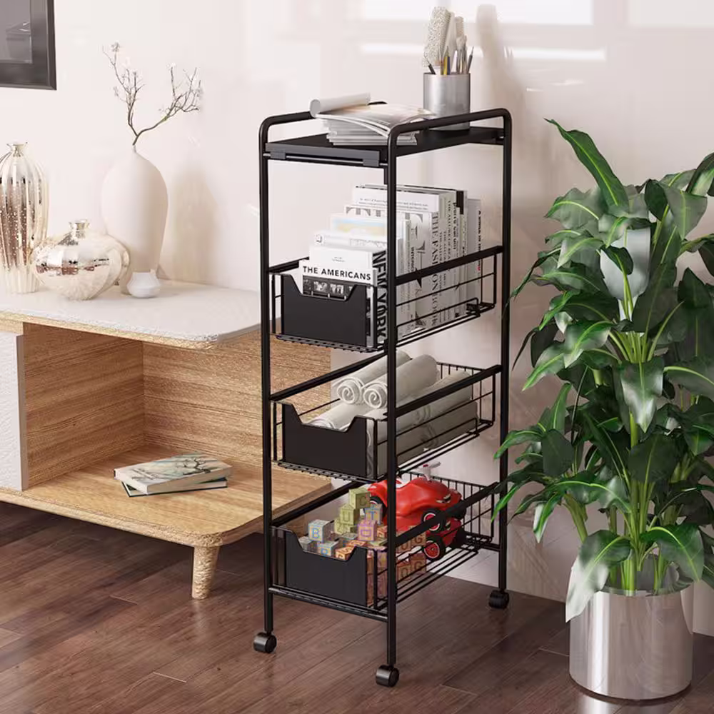 None Black Rolling 4-Tier Carbon Steel Shelving Unit (14.1 in. W x 33.4 in. H x 9.4 in. D)