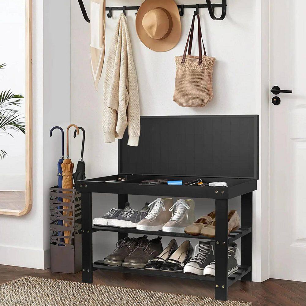 None 18 in. H 6-Pair Black Bamboo Shoe Rack