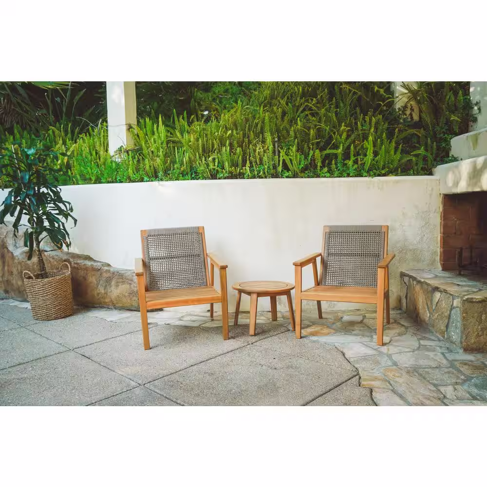 Lautan Anglesea Natural 3-Piece Wooden Patio Conversation Set with Linen Beige Cushions