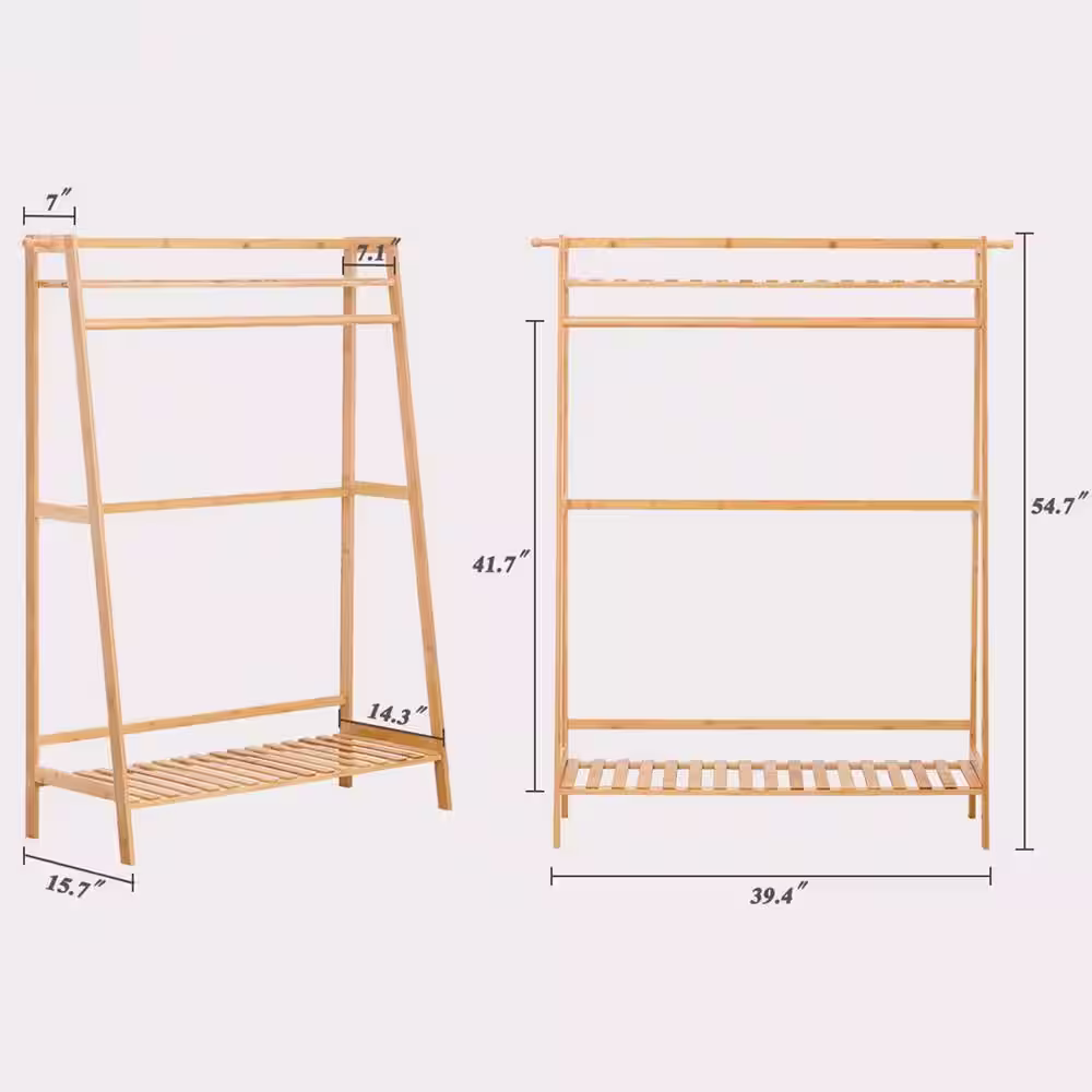 None Natural Bamboo Garment Clothes Rack with Shelves 39.4 in. W x 54.7 in. H