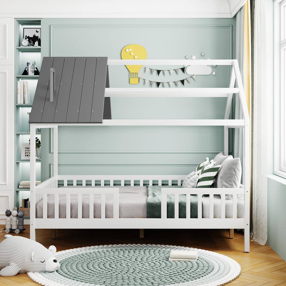 ANBAZAR White and Gray Full Size Kids House Bed Platform Bed with Roof and Safety Rail, Wood Kids Canopy Bed Frame with Fence