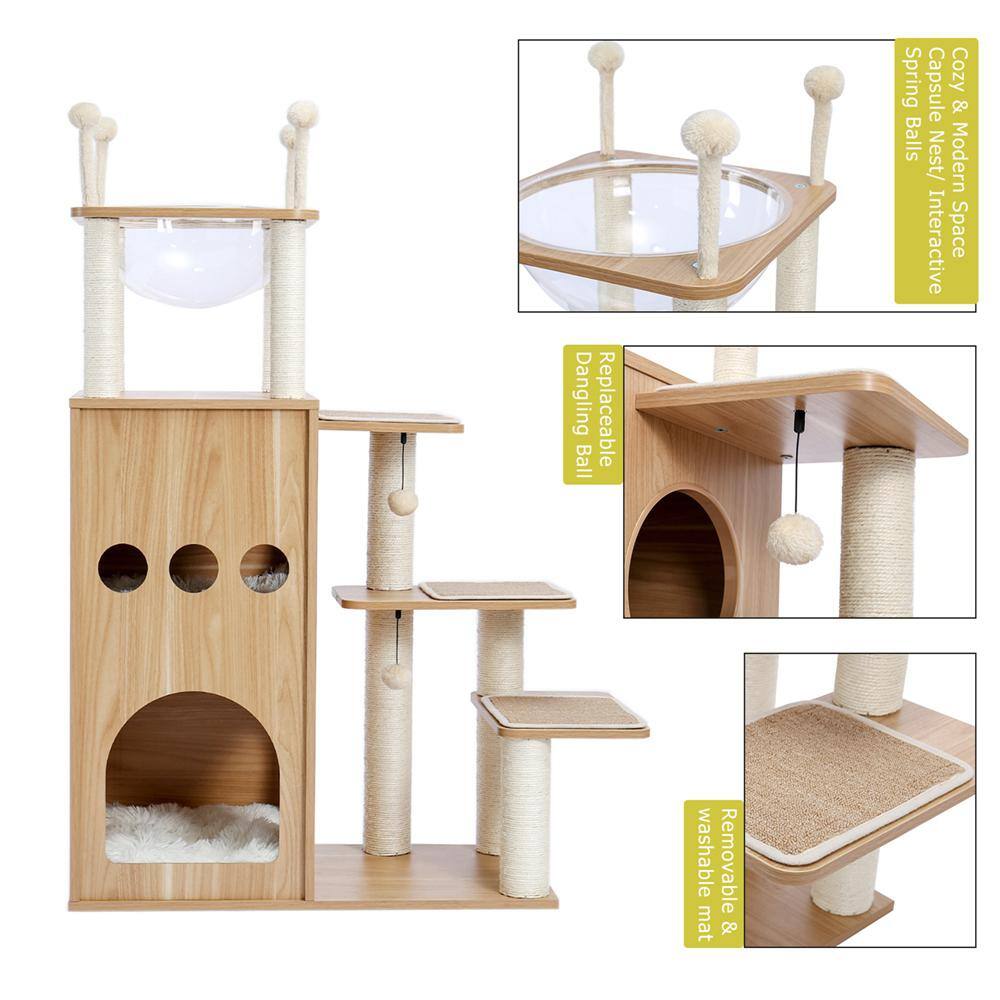 Foobrues 51.20 in. H Pet Cat Scratching Posts and Trees MDF Cat Tower with Fully Sisal Covering Scratching Posts in Beige