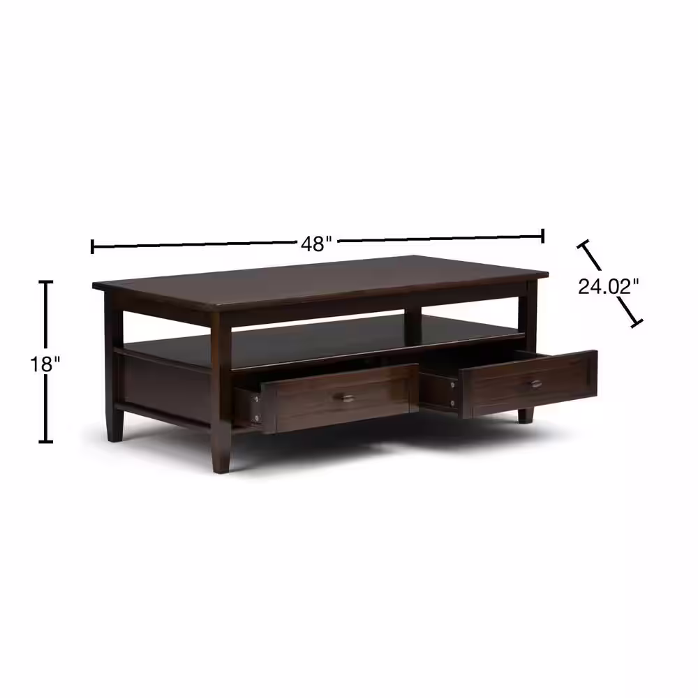 Simpli Home Warm Shaker Solid Wood 48 in. Wide Rectangle Transitional Coffee Table in Tobacco Brown