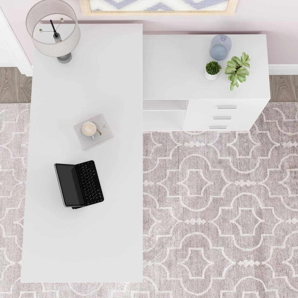 None 55.1 in. L-Shaped White Wood Computer Desk Writing Desk Office Executive Desk W/Removable Tabletop, Shelves, 3-Drawers