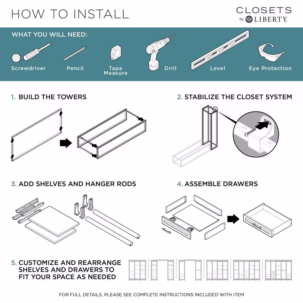 CLOSETS By LIBERTY 108 in. W White Adjustable Wood Closet System with 13-Shelves, 6-Rods and 3-Drawers