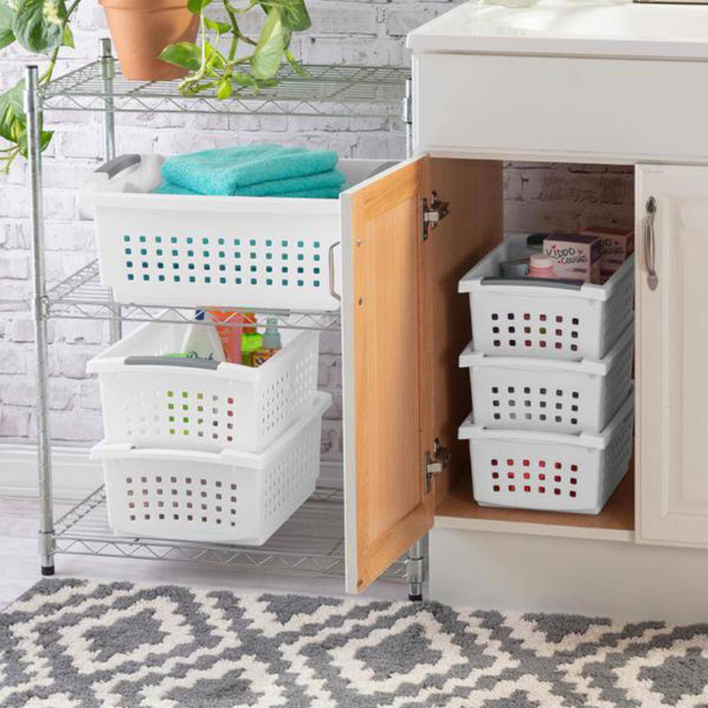 Sterilite 5.38 in. D x 8.63 in. W x 12.5 in. H White Small Stacking Basket with Titanium Accents (8-Pack)