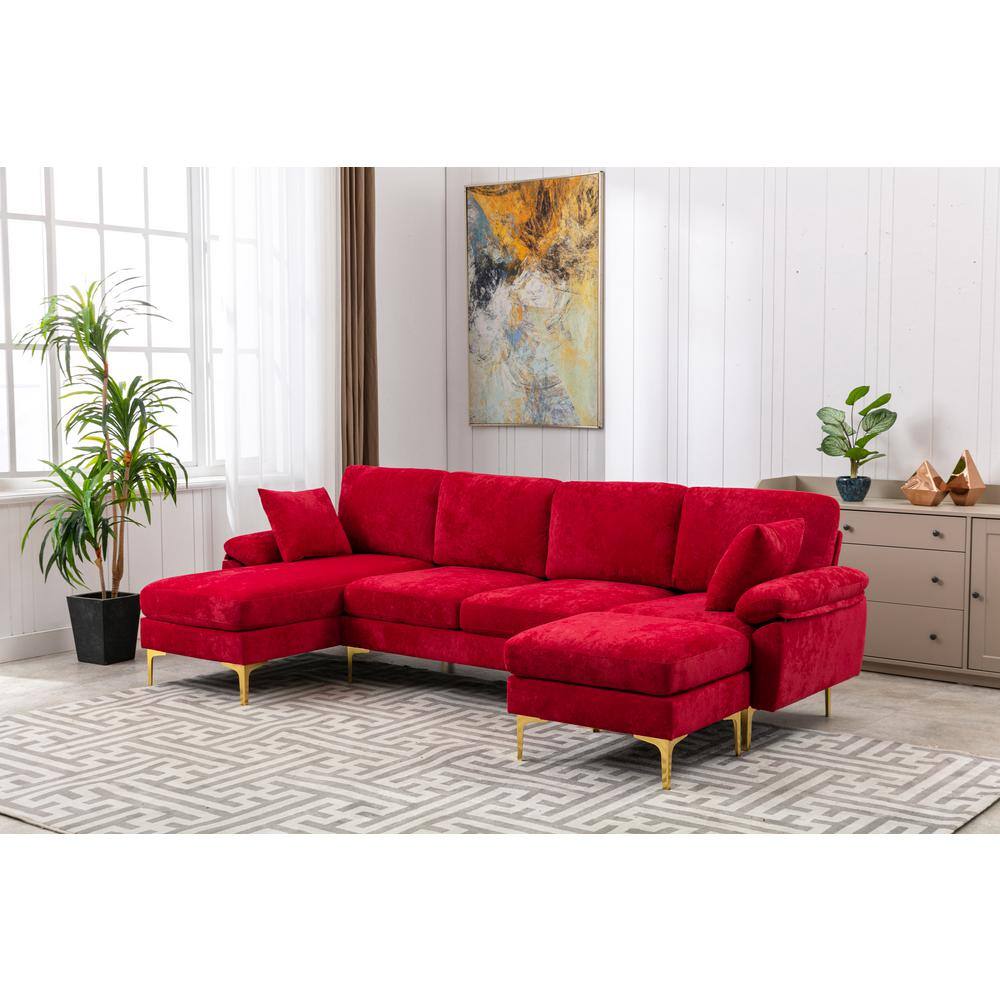None 114.42 in. W Slope Arm 2-Piece Polyester L-Shaped Sectional Sofa in Red with Ottoman