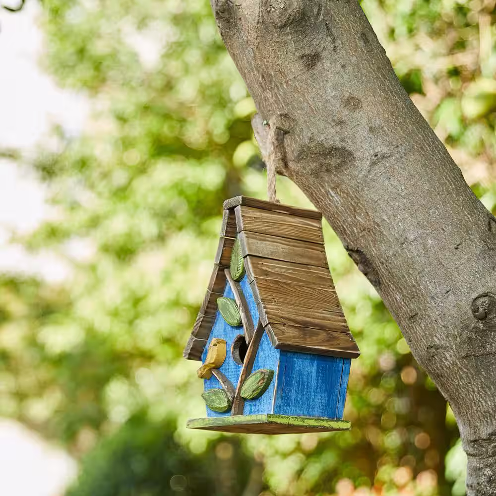 Glitzhome 12.5 in. H Distressed Solid Wood Birdhouse with 3D Leaves