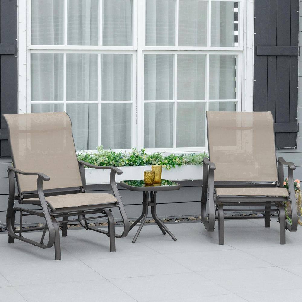 Outsunny Grey 3-Piece Metal Gliding Chair and Tea Table Set Lawn Chair with Tempered Glass