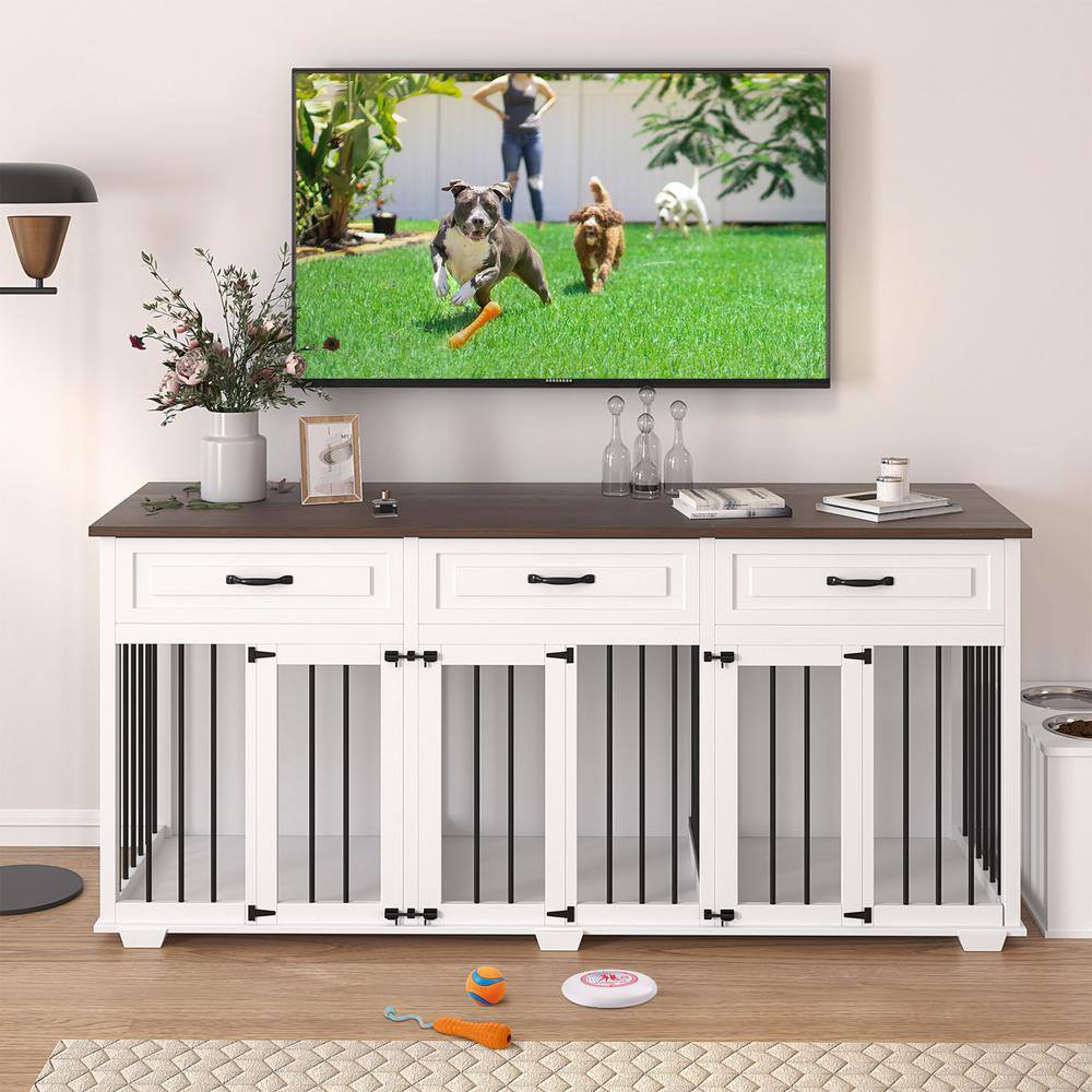 None Heavy-Duty Wooden Dog Crate Furniture for 3 Dogs, Indoor Large Dog Crate With 3 Drawers And 2 Dividers for L/M/S Dogs