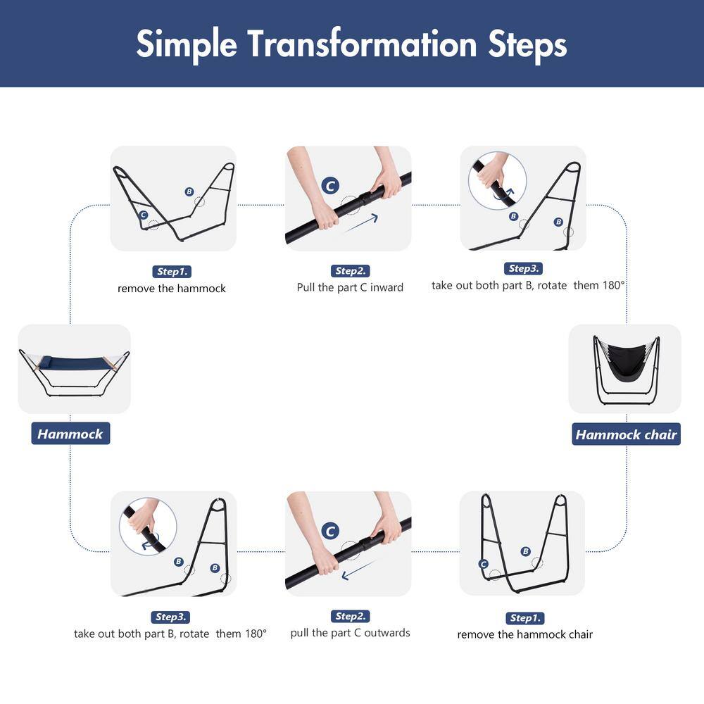 Atesun 12 ft. 2-In-1 Indoor/Outdoor Hammock Swing Chairs with Stand Included, Heavy-Duty Hammock in Solid Blue-2