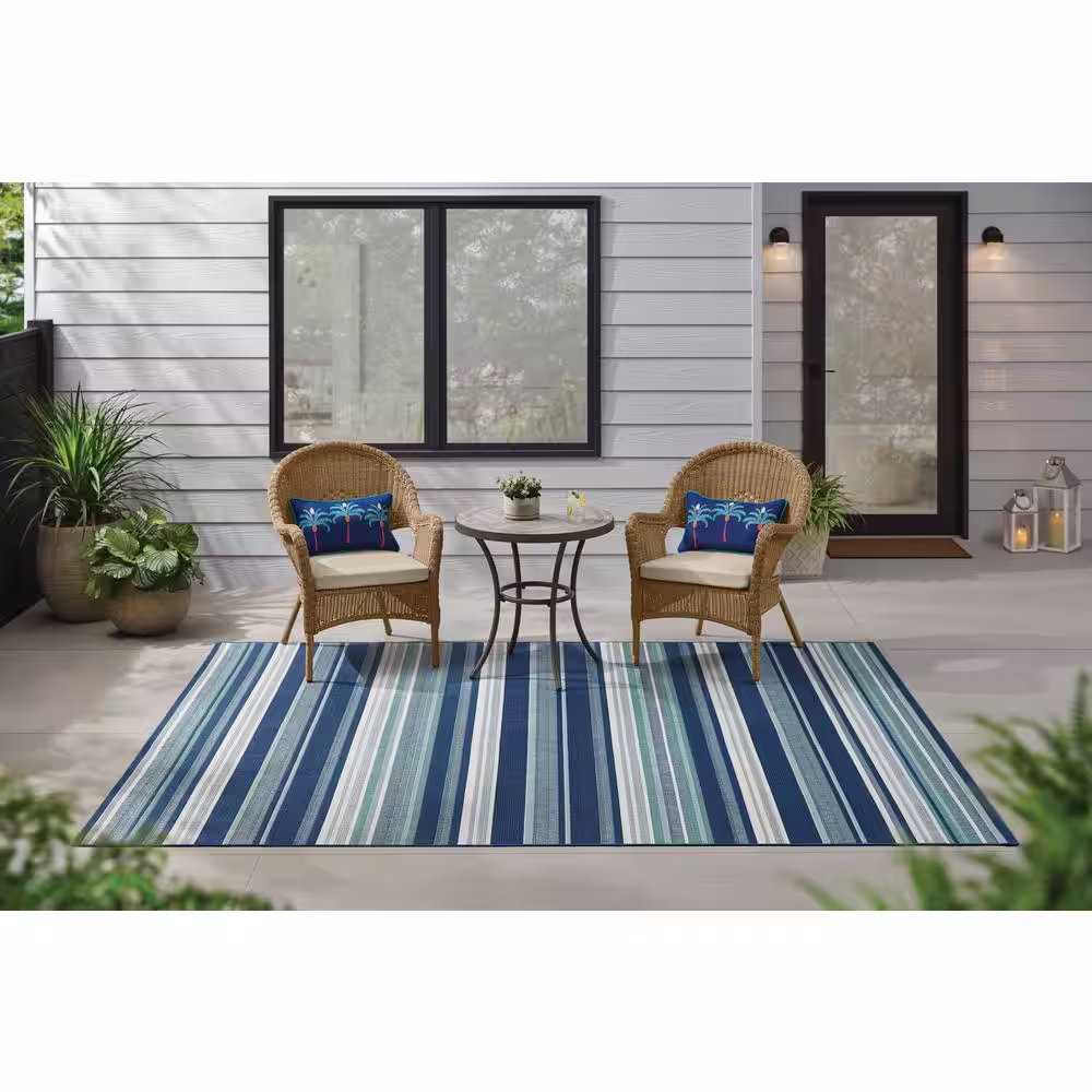 StyleWell Blue/White 5 ft. x 7 ft. Stripes Indoor/Outdoor Patio Area Rug