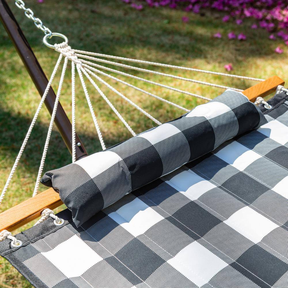 Castaway 11 ft. Quilted 1-Person Hammock with Stand and Detachable Pillow, Black and White Checkered Pattern