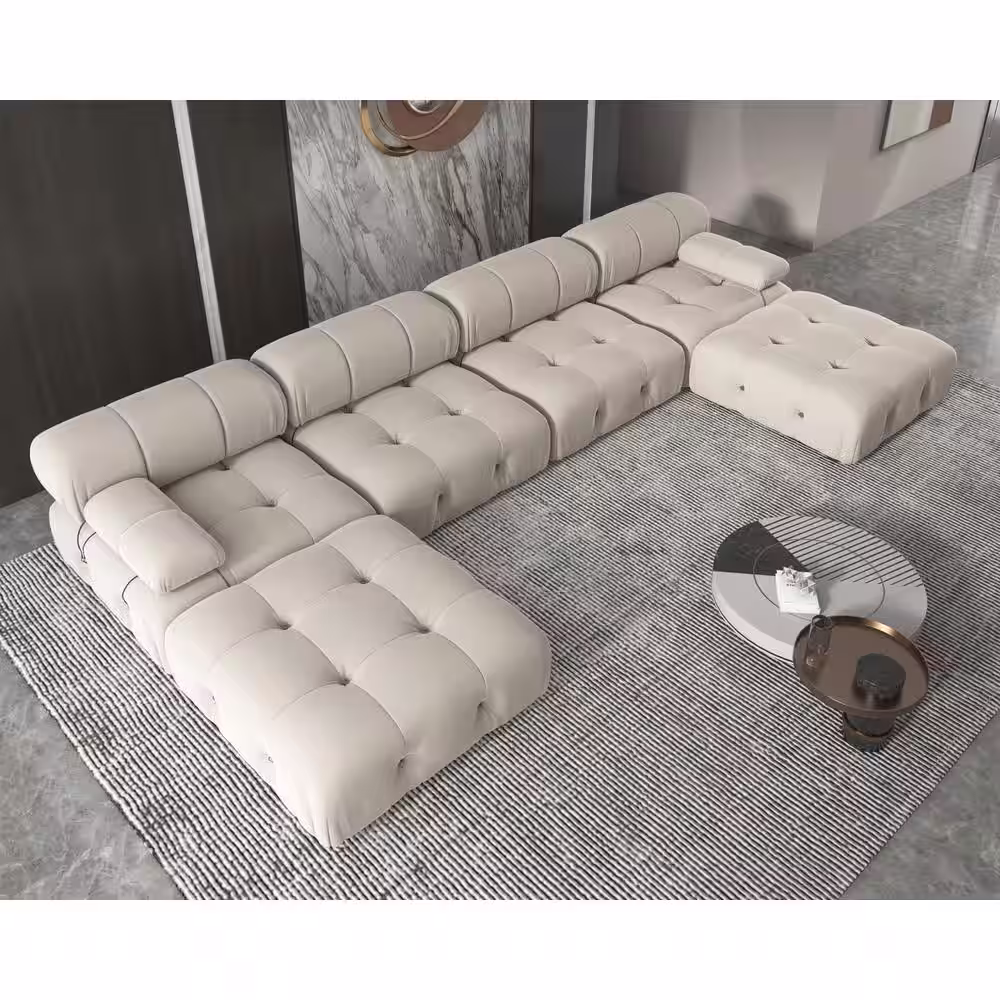 J&E Home 151.2 in. W Round Arm U-Shaped 6-Seater Velvet Free Combination Sofa with Ottoman in Beige