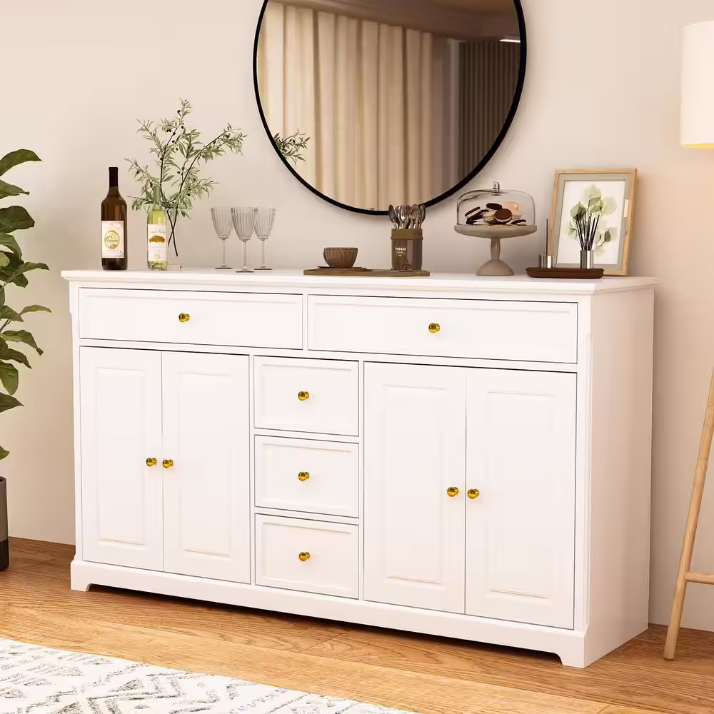 None White Wooden Accent Storage Cabinet with Multi-function, 59.1 in W. X 33.5 in H. X 15.7 in D.