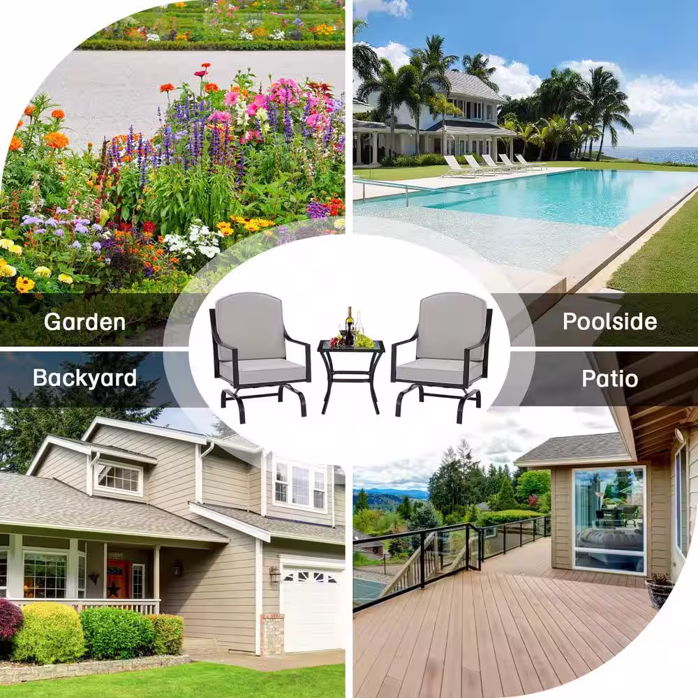 None 3-Piece Metal Square 24 in. Table Height Outdoor Bistro Set with Grey Cushion