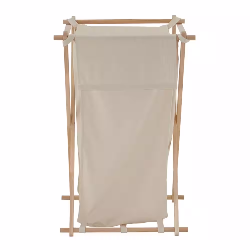 HOUSEHOLD ESSENTIALS Natural Cream, Collapsible, Polycotton, Laundry Hamper, Wood X-Frame