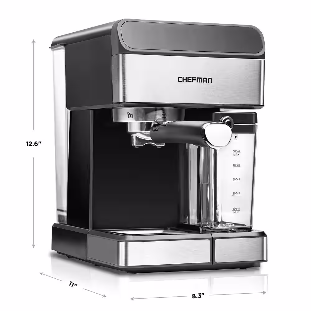 Chefman 7.6 Cup Brew Single and Double Shot Stainless Steel 6-in-1 Espresso Machine 15-Bar Pump Built-In Milk Froth Coffee Maker