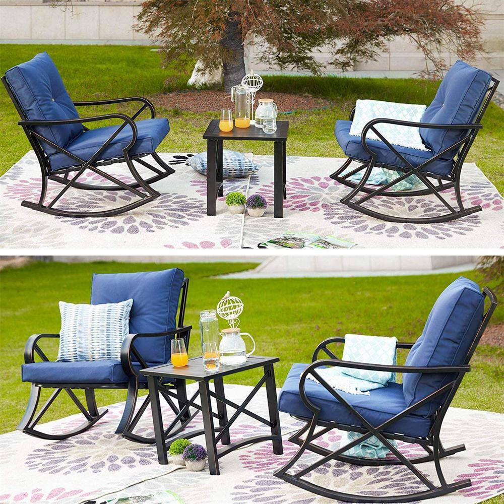 TOP HOME SPACE 5-Piece Metal Patio Conversation Set with Blue Cushions