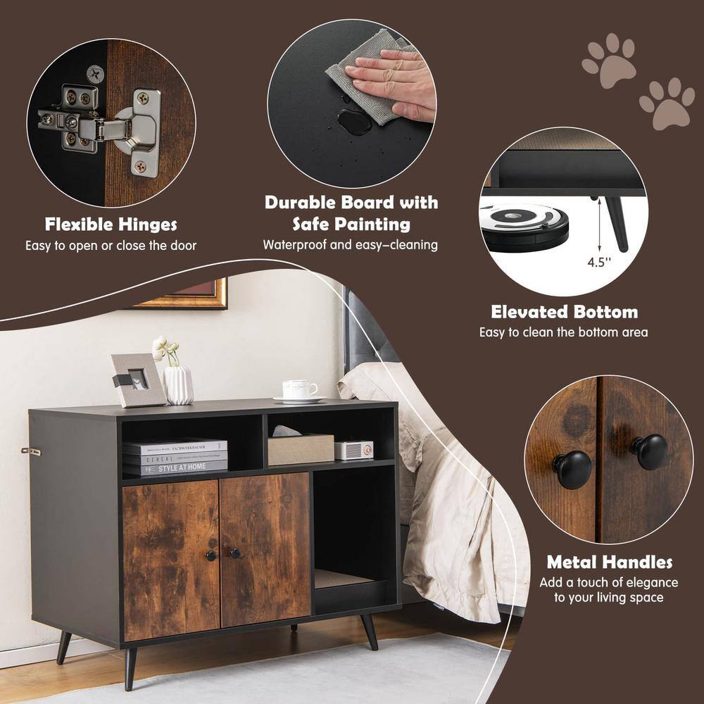 ANGELES HOME 35-1/2 in. x 19-1/2 in. Brown Black MDF Cat Litter Box Enclosure with Scratch Pad