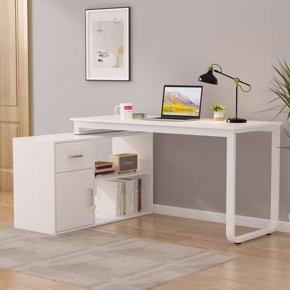 None L-Shaped White Wooden Commercial Writing Desk, with 1 Drawer, Open Shelves and Eco-Friendly Paint Finish, 55.1 in. W