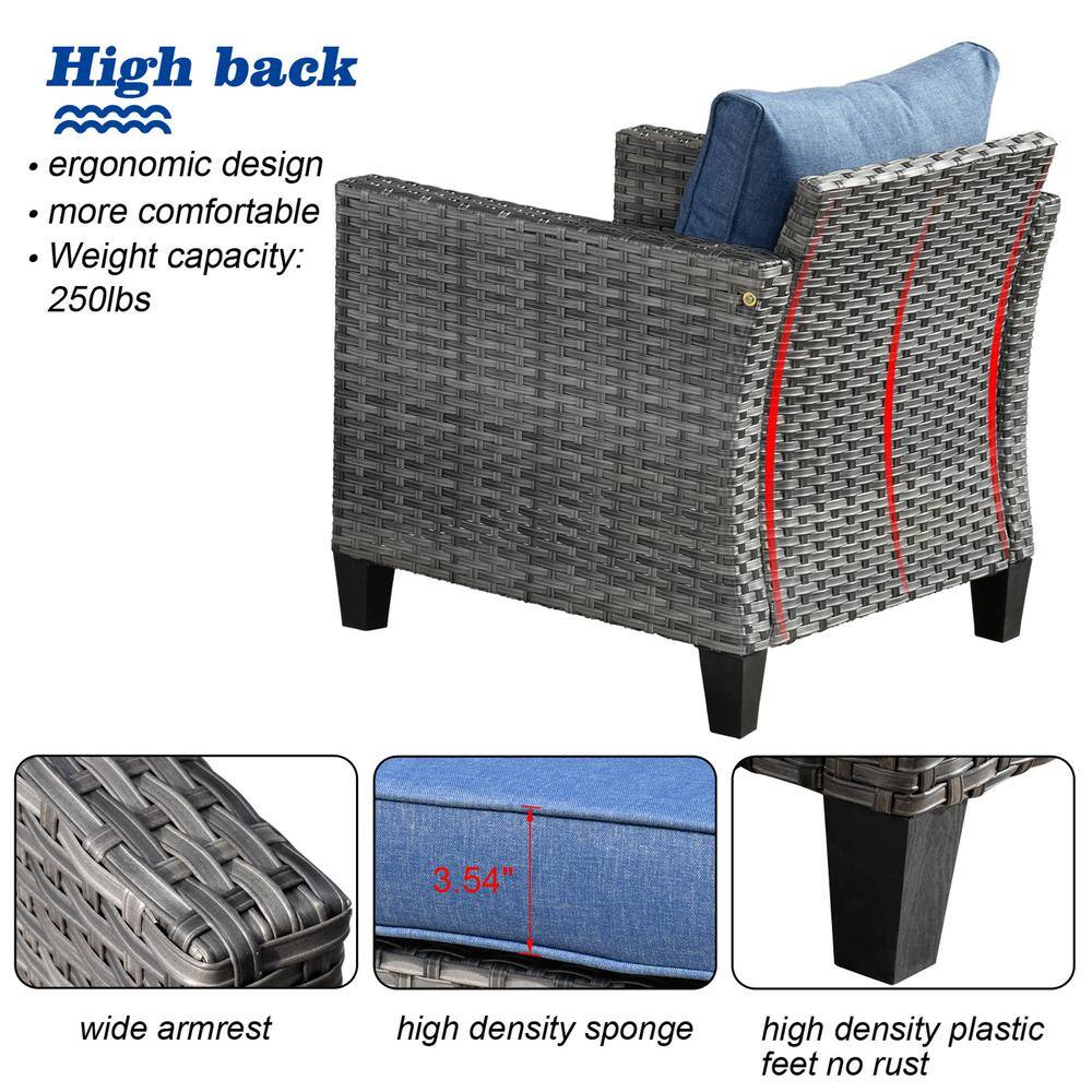 OVIOS New Star Gray 8-Piece Wicker Patio Conversation Seating Set with Blue Cushions and Swivel Chairs