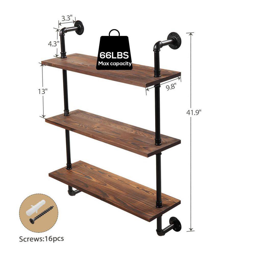 None 3-Tier Rustic Brown Industrial Wall-Mounted Metal Frame Pipe Shelf