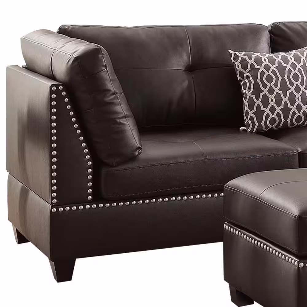 Benjara 3-Piece Brown Faux Leather 4-Seater L-Shaped Sectional Sofa with Wood Legs