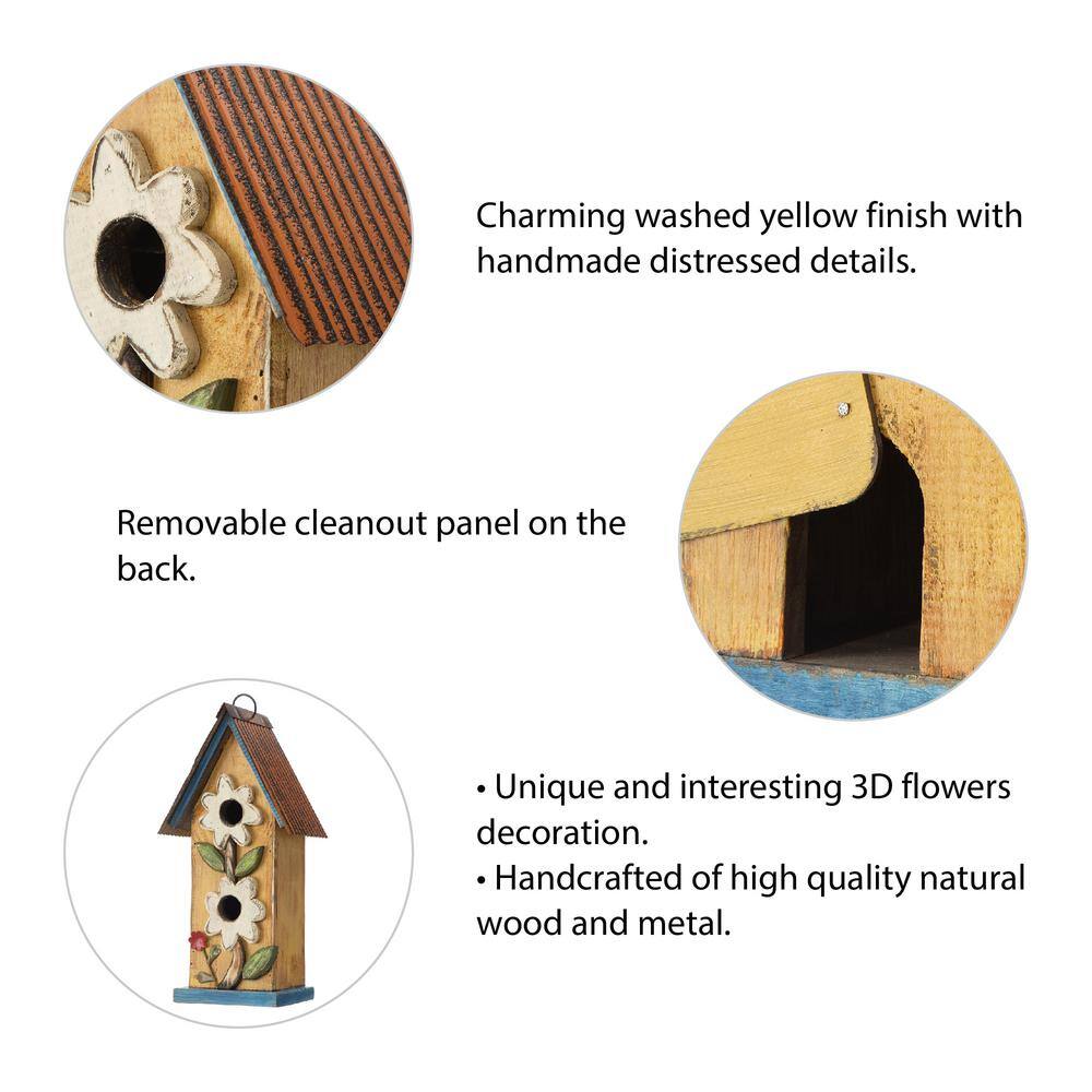Glitzhome 13.75 in. H 2-Tiered Distressed Solid Wood Birdhouse with Flower