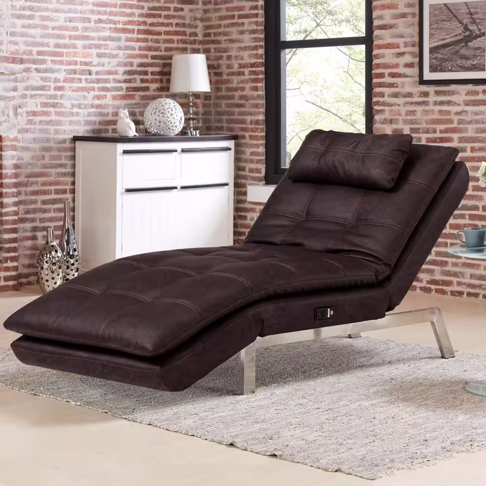 Relax A Lounger Arnold Faux Leather Brown with Tan Stiching Convertible Chaise Lounge