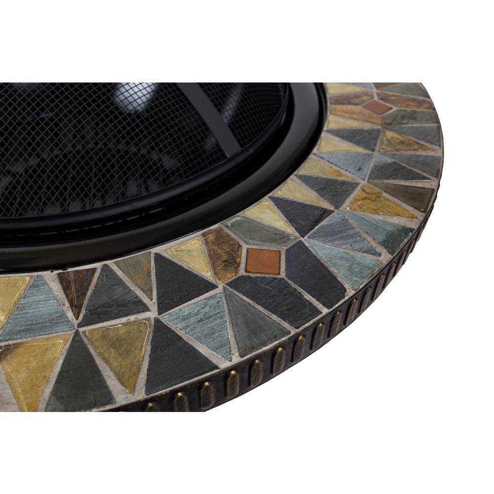 Pleasant Hearth Olivia Slate Top 34 in. W x 19.6 in. H Round Steel Wood Burning Rubbed Gold Fire Pit